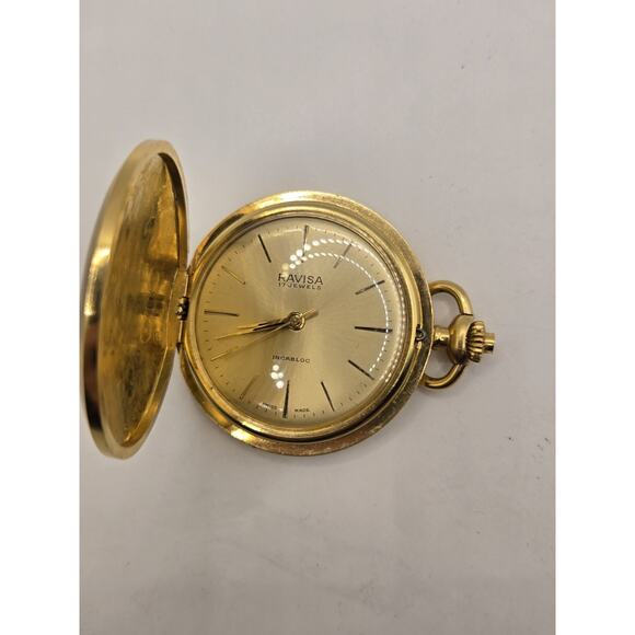 Vintage Ravisa 17 jewels Swiss Made Incabloc Gold Tone Pocketwatch. MINT. RUNS - Picture 2 of 5